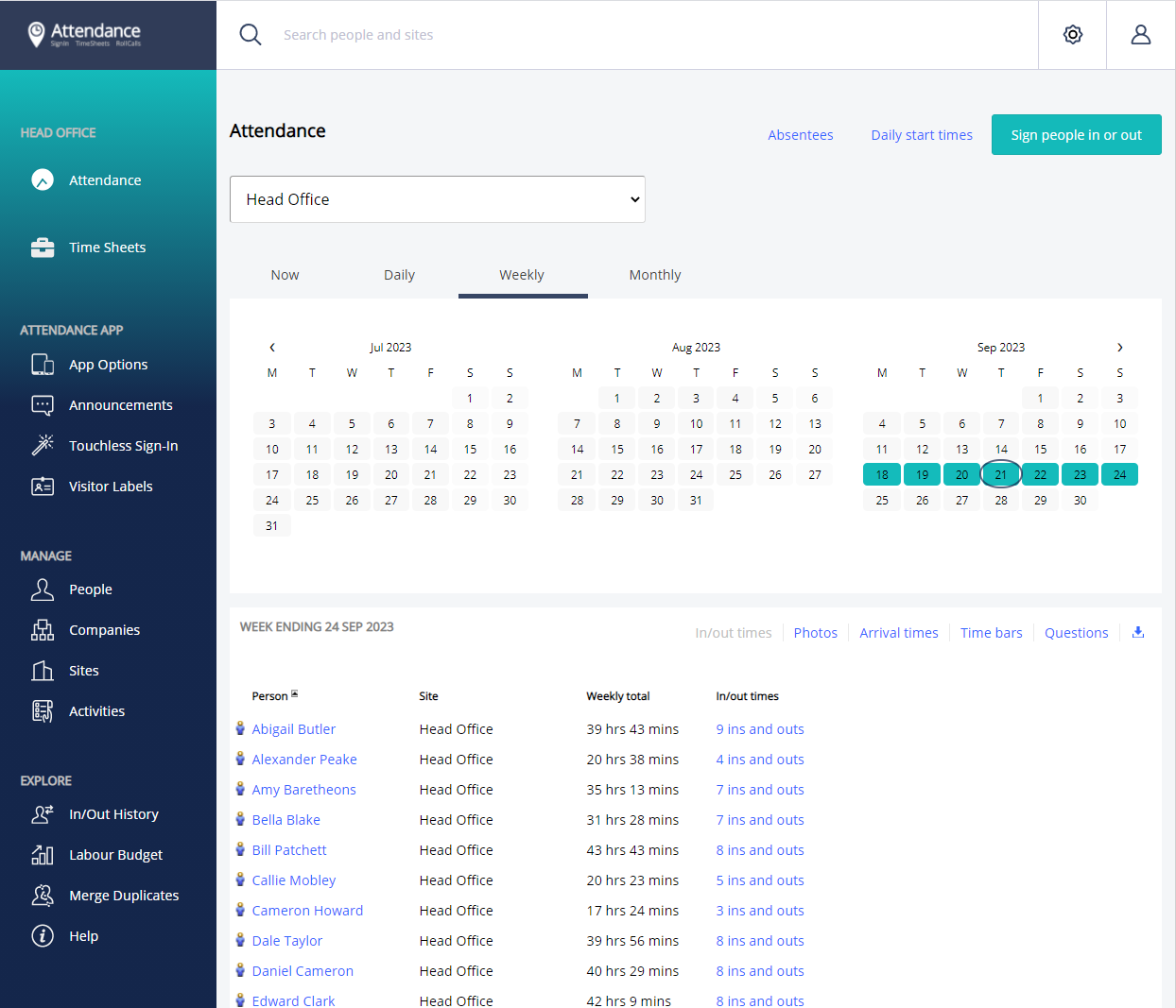 Figure 1.3: The "Weekly" tab shows attendee information that typically aligns with a pay week.