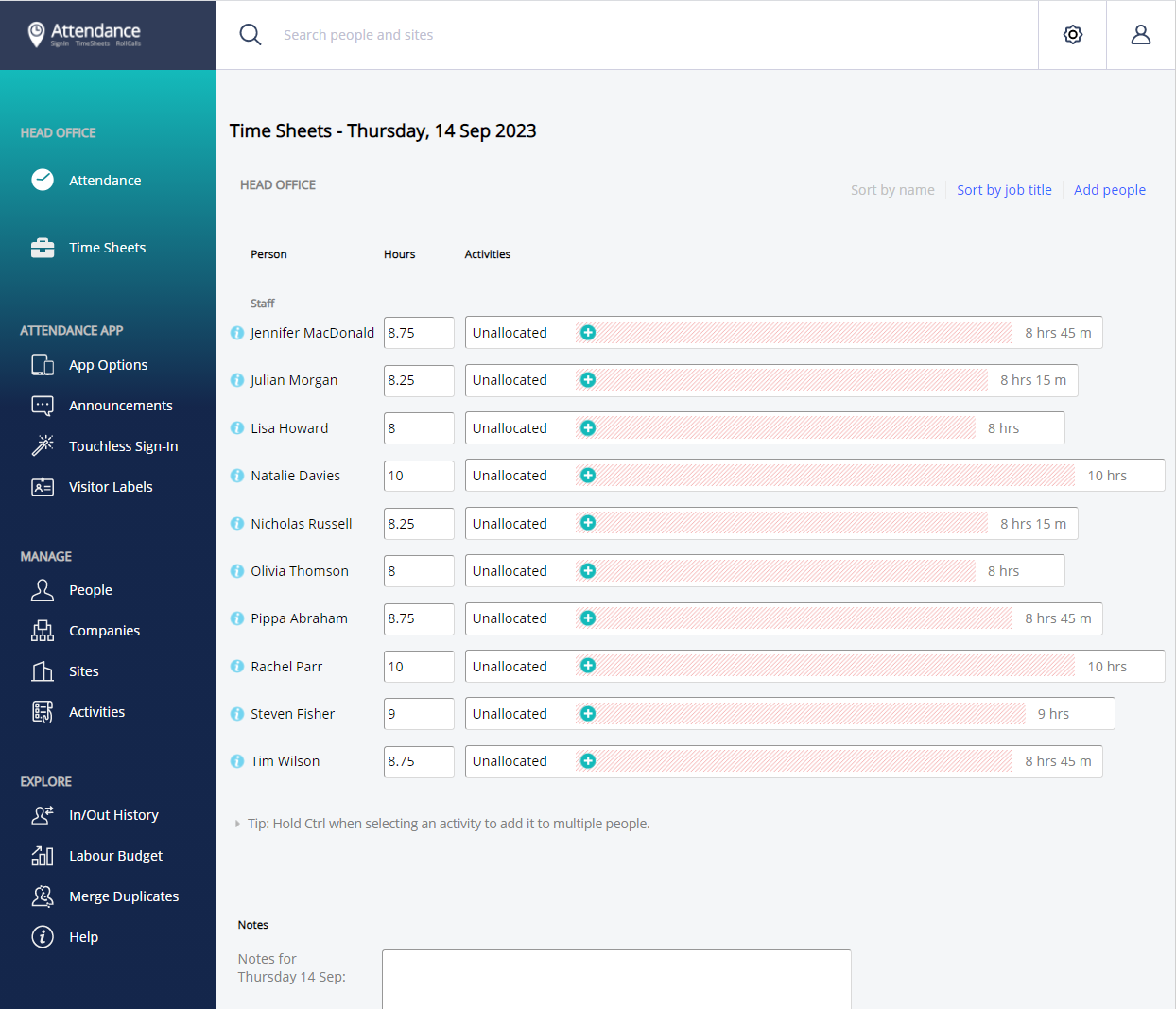 Figure 2.3: Timesheets can be amended by changing the number of hours, and allocating time to job costs and activities, and deducting meal breaks.