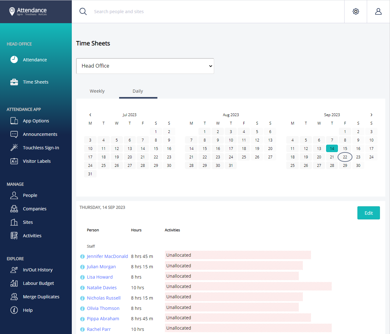 Figure 2.2: The "Daily" tab shows any activities that people worked on, or unallocated.