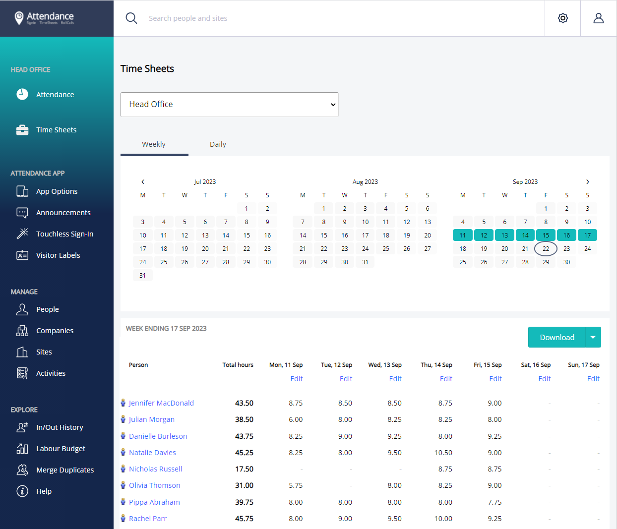 Figure 2.1: The "Weekly" tab shows timesheets based on data collected from the app.